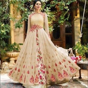 NEW!! Beige Embroidered Georgette Semi Stitched Anarkali Gown With Dupatta